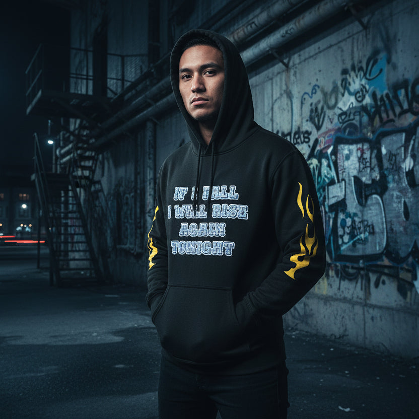 • black urban hoodie streetwear front view
• black hoodie premium heavyweight fabric detail