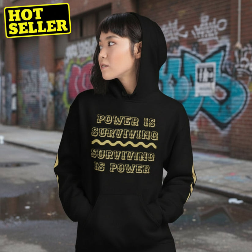 Oversized streetwear Hoodie shadow core worn by model against urban backdrop with graffiti.