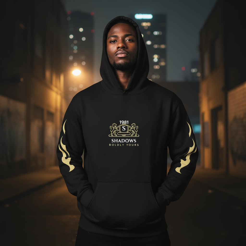 • black urban hoodie streetwear front view
• black hoodie premium heavyweight fabric detail