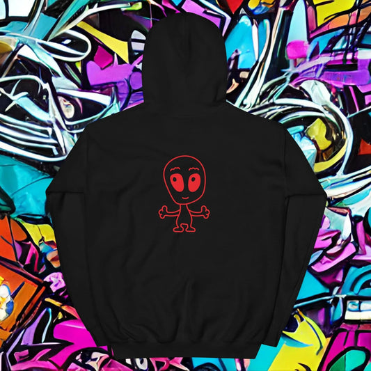 Oversized streetwear Hoodie "you will never" featuring a unique red character design on a black background.