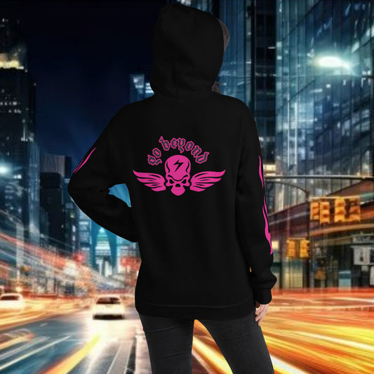 Person wearing an oversized streetwear hoodie with a bold design, showcasing confidence in an urban background.