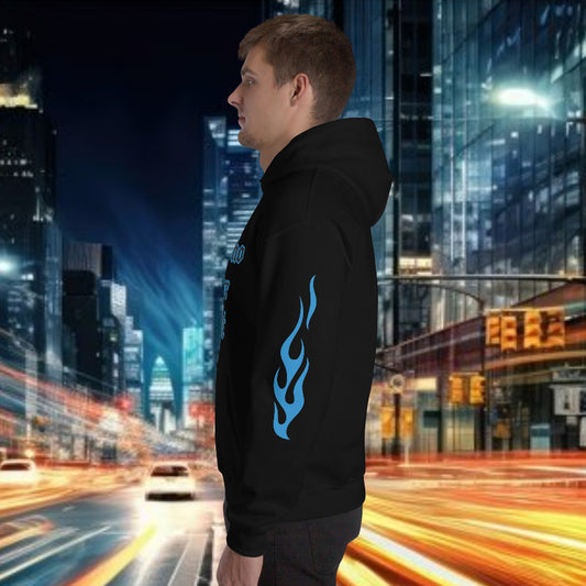 Model wearing an oversized streetwear hoodie with flame design, set against a vibrant city backdrop.