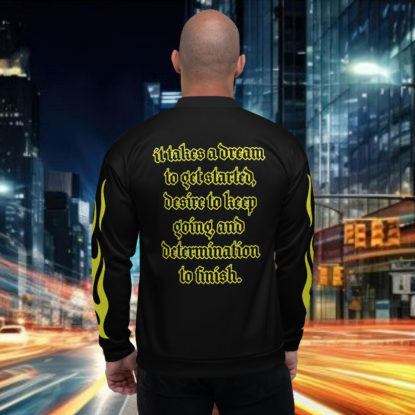 Back view of a stylish streetwear jacket featuring motivational quote, showcasing authentic style for strength streetwear.
