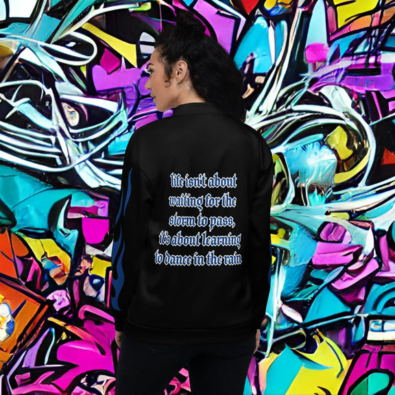 • streetwear bomber jacket back view
• black bomber jacket urban night style
