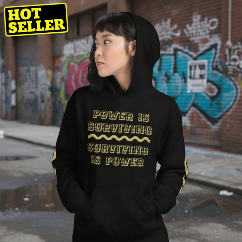 Oversized streetwear Hoodie shadow core worn by model against urban backdrop with graffiti.