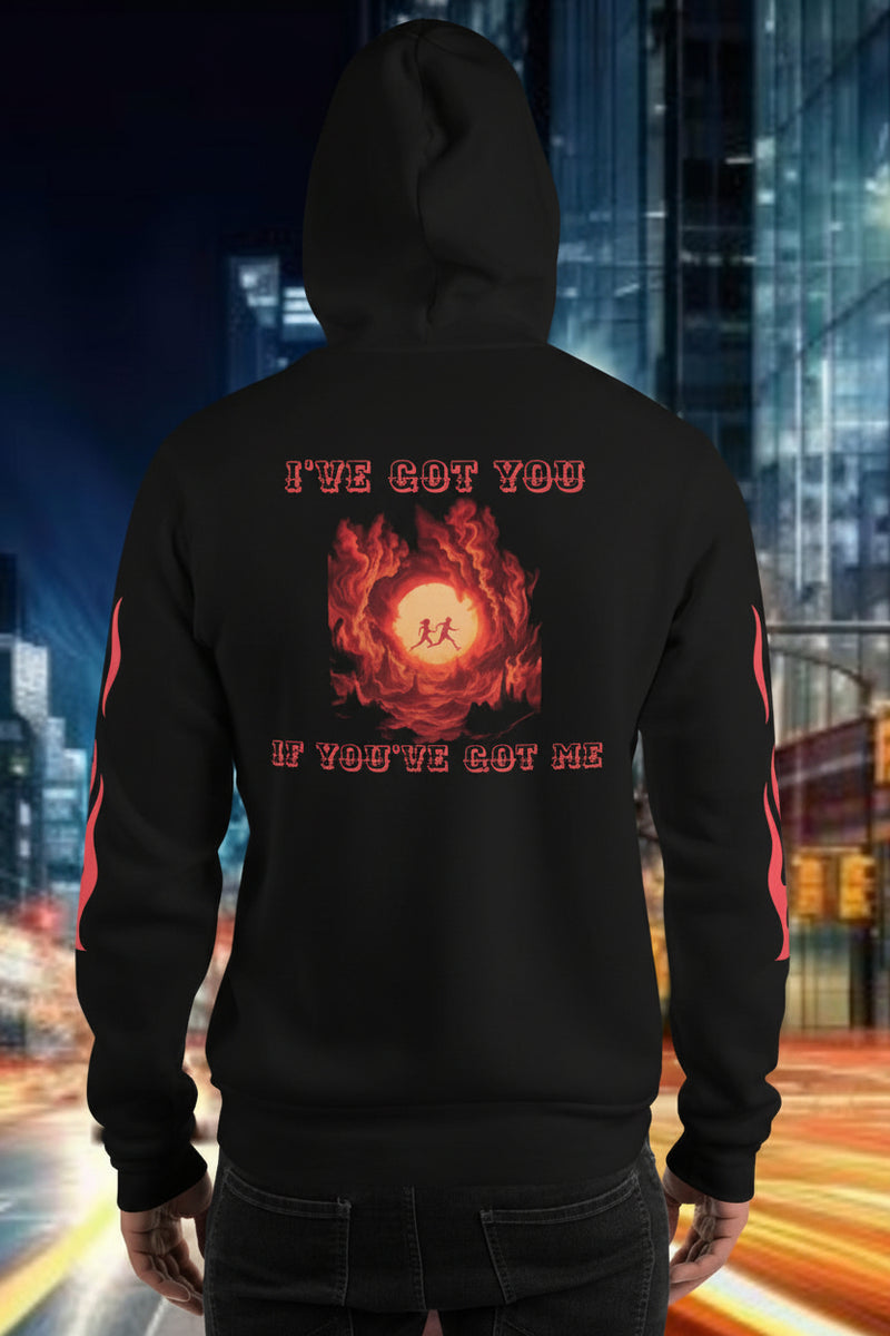 Oversized streetwear hoodie featuring a bold graphic and text on the back, expressing loyalty and commitment.