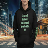 oversized urban hoodie hide it in black with green text, urban background, stylish streetwear, statement piece