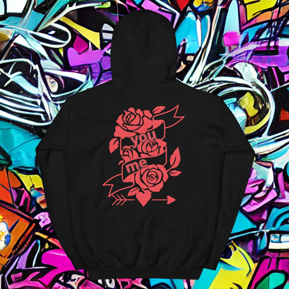 urban hoodie oversized streetwear featuring vibrant rose design and motivational text on black background