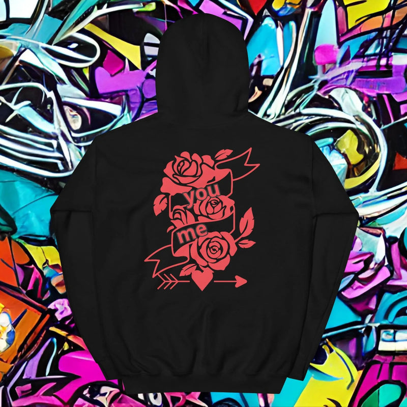 urban hoodie oversized streetwear featuring vibrant rose design and motivational text on black background