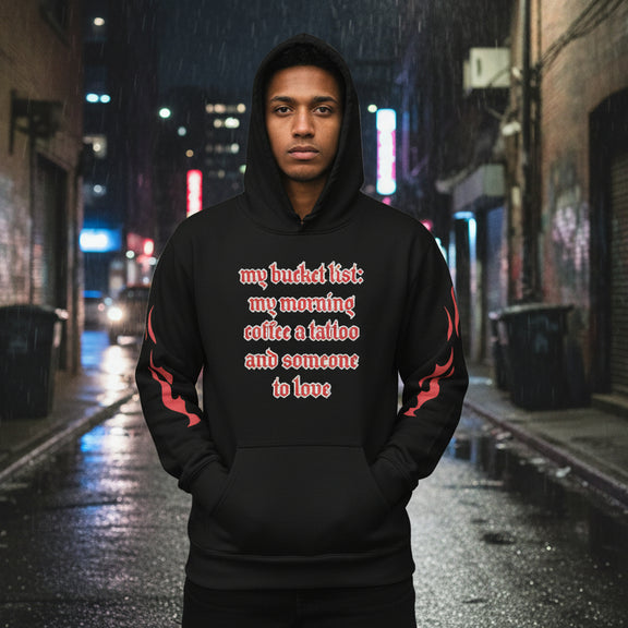 Urban hoodie oversized streetwear model wearing bucket list hoodie in urban setting with city lights.