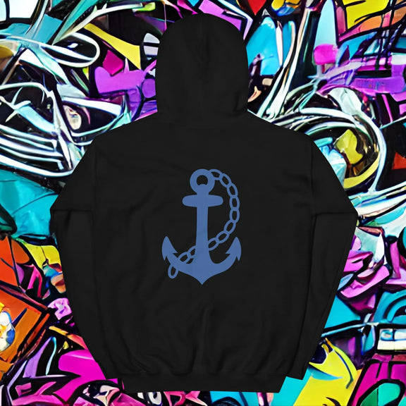 Oversized streetwear hoodie with blue anchor design on black background.