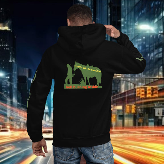 Oversized urban hoodie hide it featuring graphic text 'smile on the surface hell burning inside'.