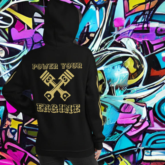 Oversized streetwear Hoodie shadow core featuring a bold graphic design with the phrase 'Power Your Engine'.
