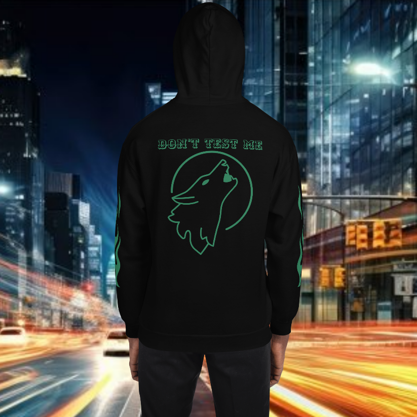 Oversized streetwear hoodie warrior with wolf graphic and 'Don't Test Me' text on back, designed for silent strength.