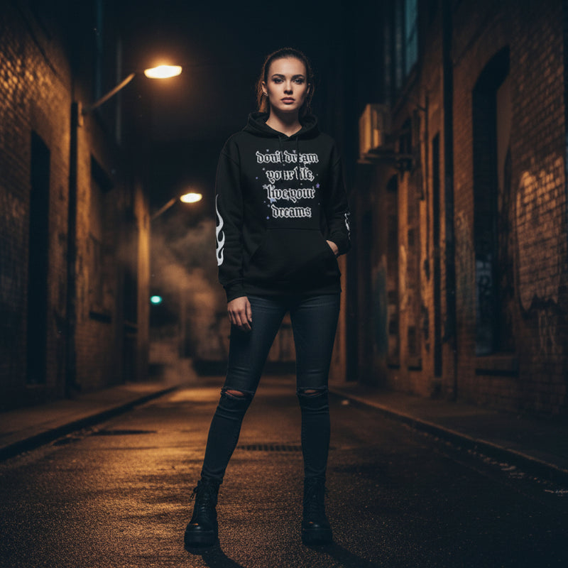 • black urban hoodie streetwear front view
• black hoodie premium heavyweight fabric detail
