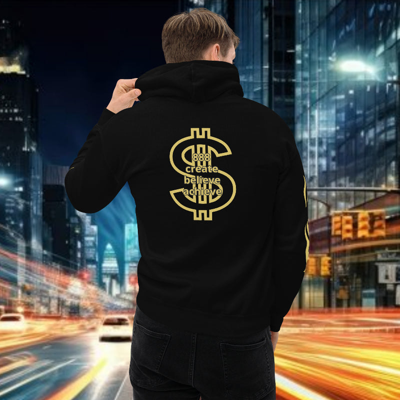 Oversized hoodie 888 streetwear with dollar sign and motivational text on the back, worn in a city backdrop.