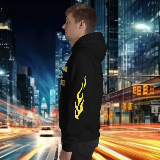 Oversized streetwear hoodie featuring bold flame design in yellow, perfect for personal growth and self-improvement.