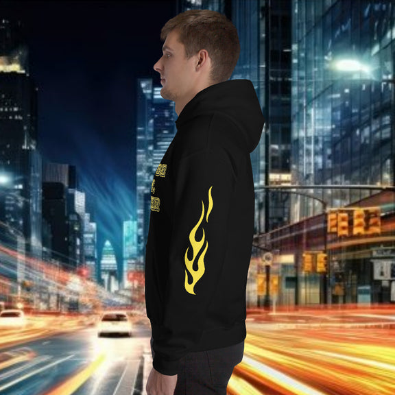 Oversized streetwear hoodie featuring bold flame design in yellow, perfect for personal growth and self-improvement.