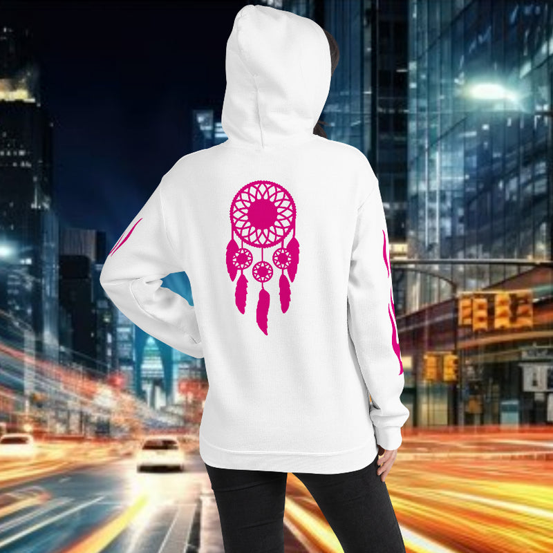 A person wearing an oversized streetwear hoodie with a pink dreamcatcher design on the back.