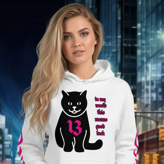 Model wearing oversized streetwear hoodie with black cat and number 13 design in a cityscape background.