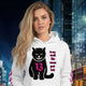 Model wearing oversized streetwear hoodie with black cat and number 13 design in a cityscape background.