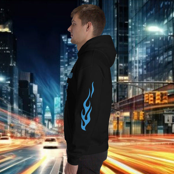 Model wearing an oversized streetwear hoodie with flame design, set against a vibrant city backdrop.