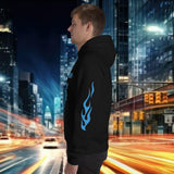 Model wearing an oversized streetwear hoodie with flame design, set against a vibrant city backdrop.