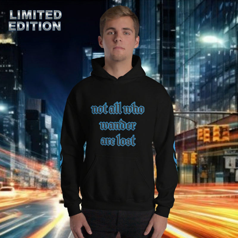 Model wearing oversized streetwear hoodie "wander" against a city backdrop, showcasing its street style fashion.