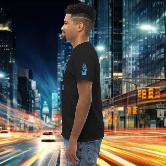 Model wearing an oversized streetwear t-shirt in a cityscape, showcasing style and energy.