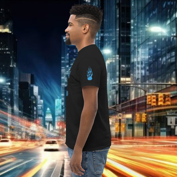 Model wearing an oversized streetwear t-shirt in a cityscape, showcasing style and energy.