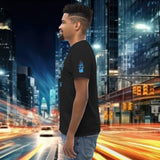 Model wearing an oversized streetwear t-shirt in a cityscape, showcasing style and energy.